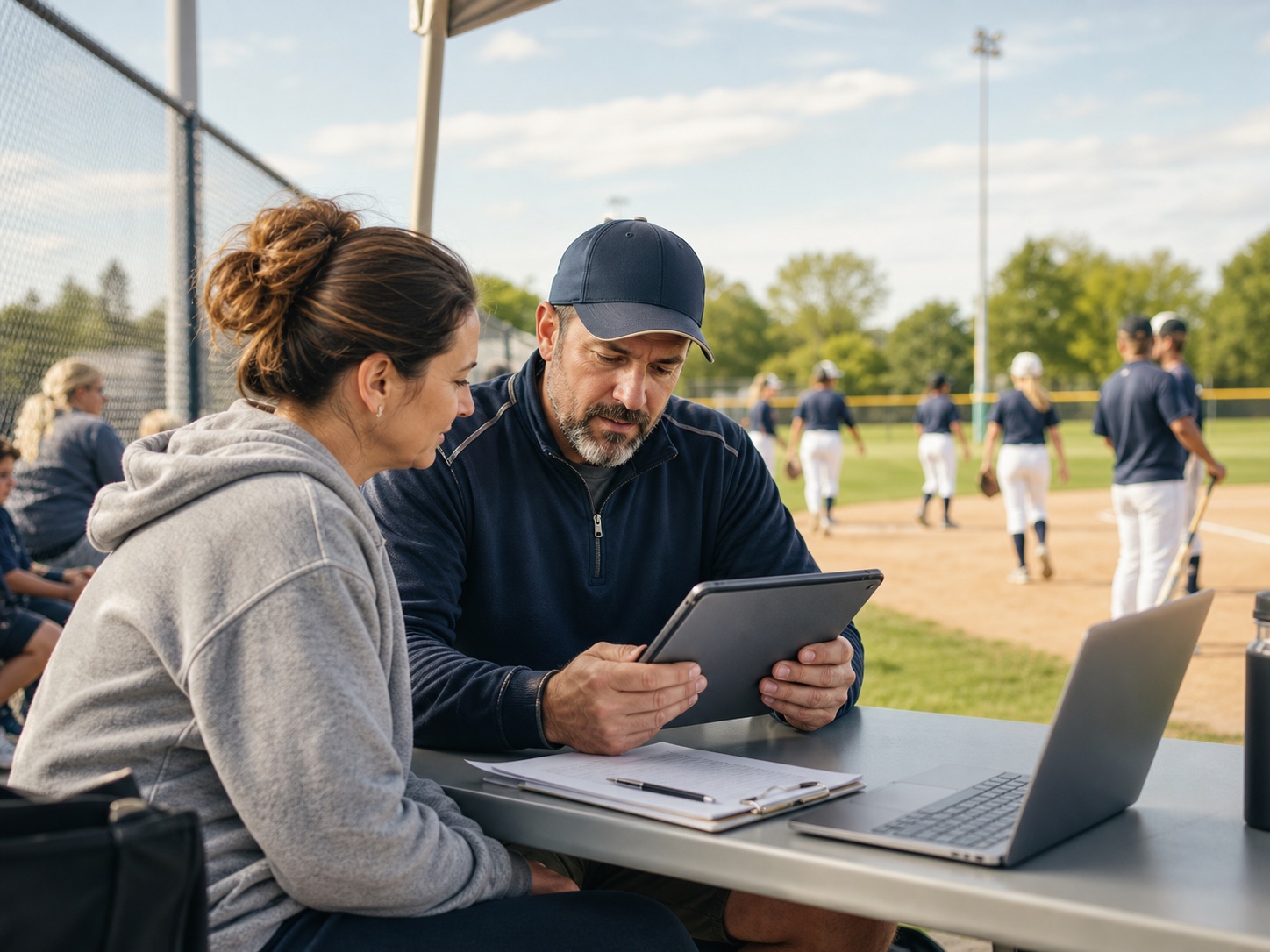 Coach reviewing club information with a parent during a youth sports tryout