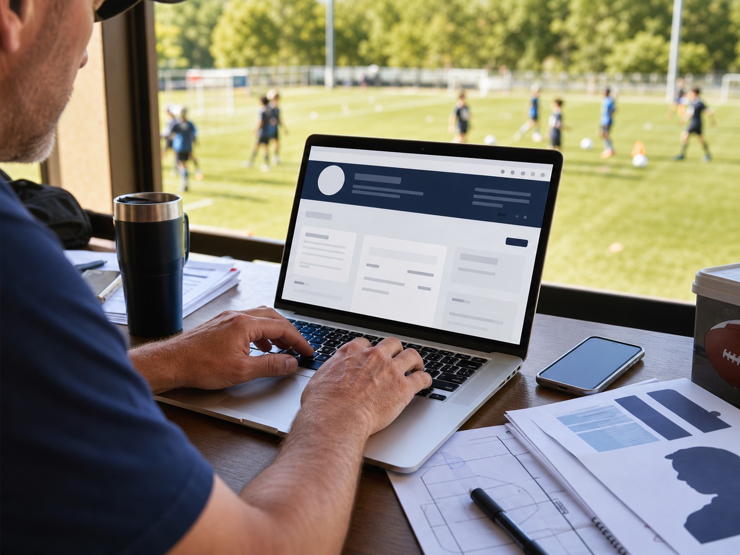 Coach updating a club website from a laptop beside a sports field